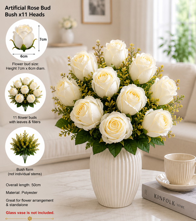 Artificial rose buds bush with 11 polyester flower heads, realistic floral display from Alton Flowers.