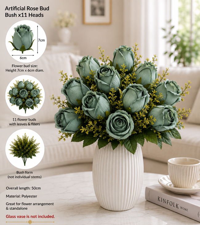 Artificial flower rose buds bush with 11 heads by Alton Flowers, made of polyester, showcasing realistic pink roses.