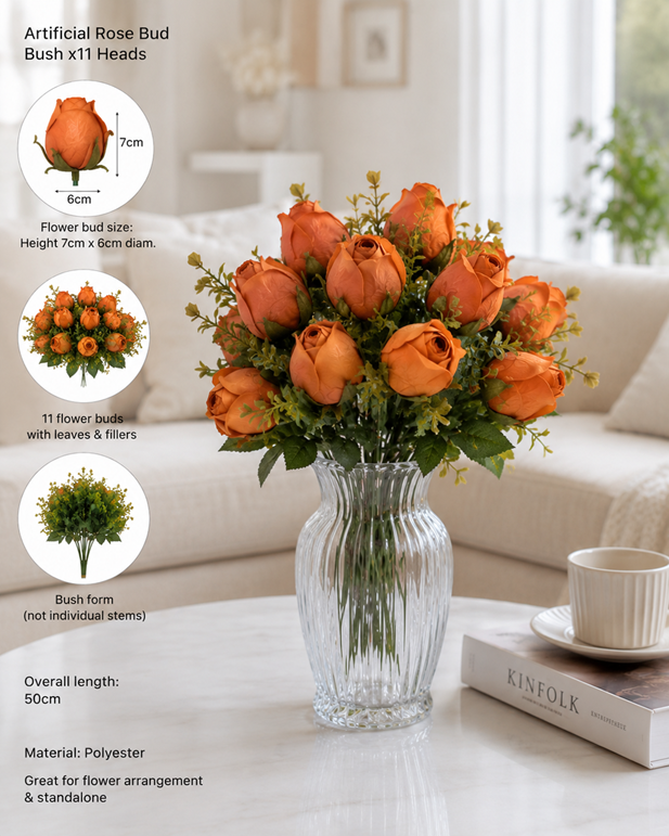Artificial rose bud bush with 11 polyester flower heads, realistic floral arrangement by Alton Flowers