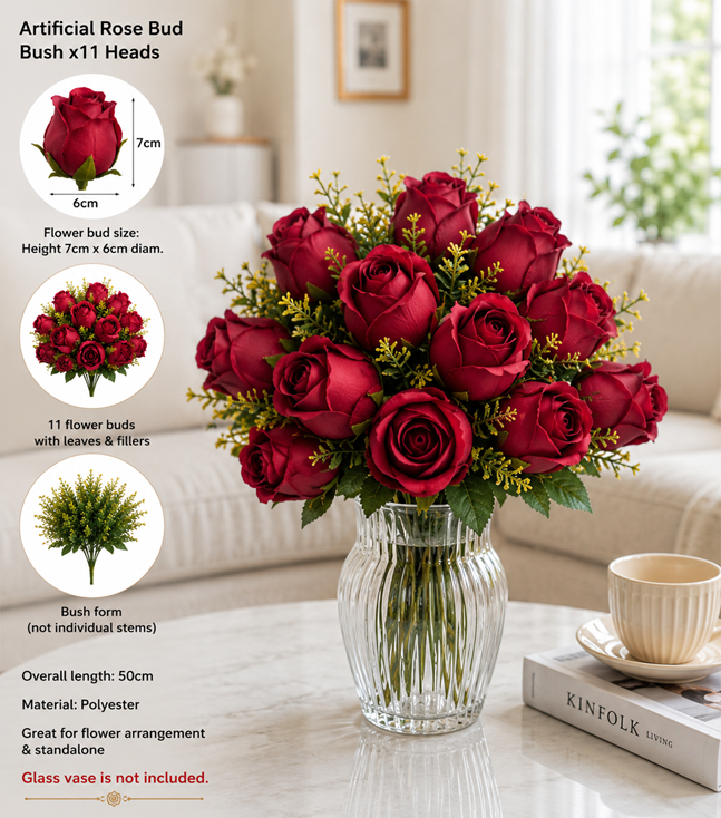 Artificial flower rose buds bush with 11 polyester heads by Alton Flowers, showcasing delicate pink rose buds on green stems.