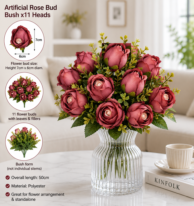 Artificial rose bud branches with 11 heads, made of polyester, from Alton Flowers, showcasing realistic pink rose blossoms.