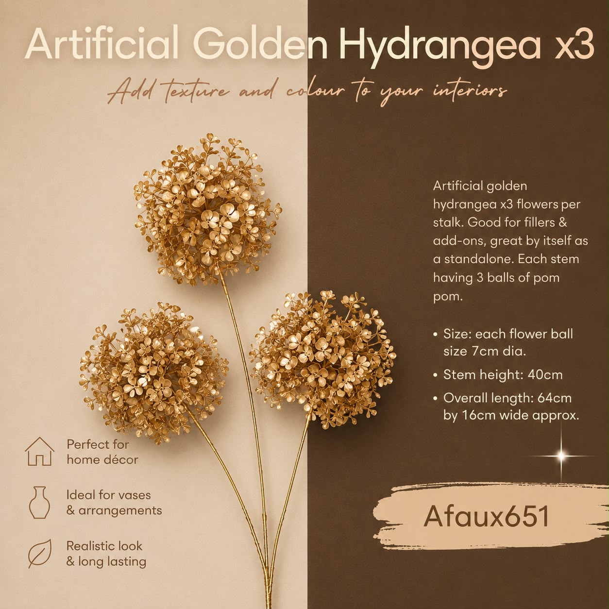 Three artificial golden hydrangea flowers on a single stalk, realistic Alton Flowers faux floral arrangement.