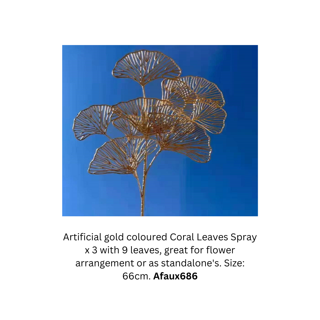 Artificial gold leaves and metallic flowers for home and event decoration, featuring gold foliage by Alton Flowers N Gifts.