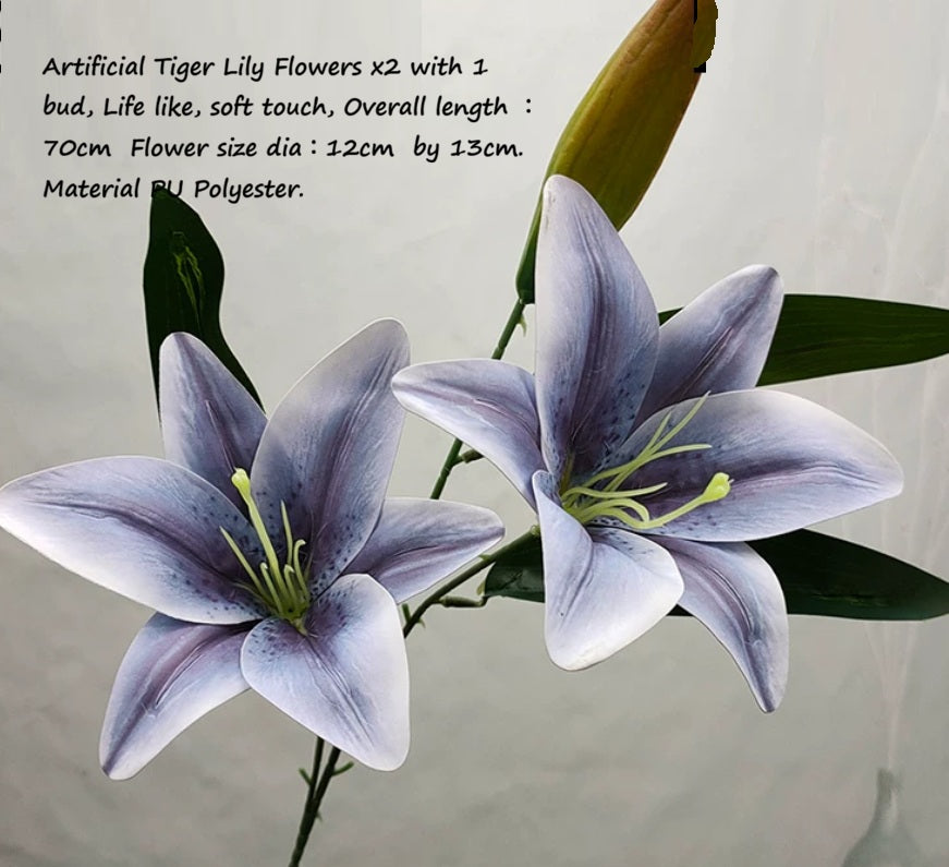 Two purple artificial tiger lily flowers with a bud from Alton Flowers, perfect for home decor and wedding arrangements.