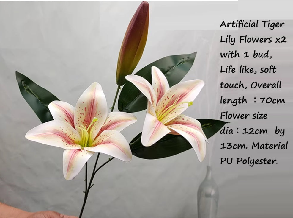 Two artificial tiger lily flowers with a bud, arranged for home decor, weddings, or events, by Alton Flowers.