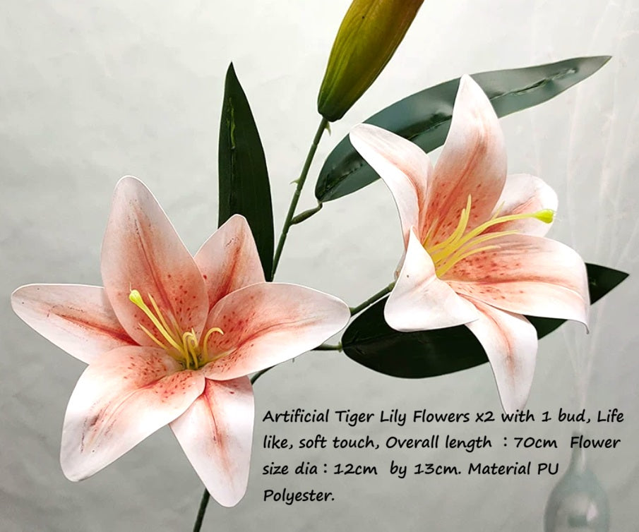 Two artificial tiger lily flowers with a bud from Alton Flowers, ideal for home decor, weddings, and event arrangements.