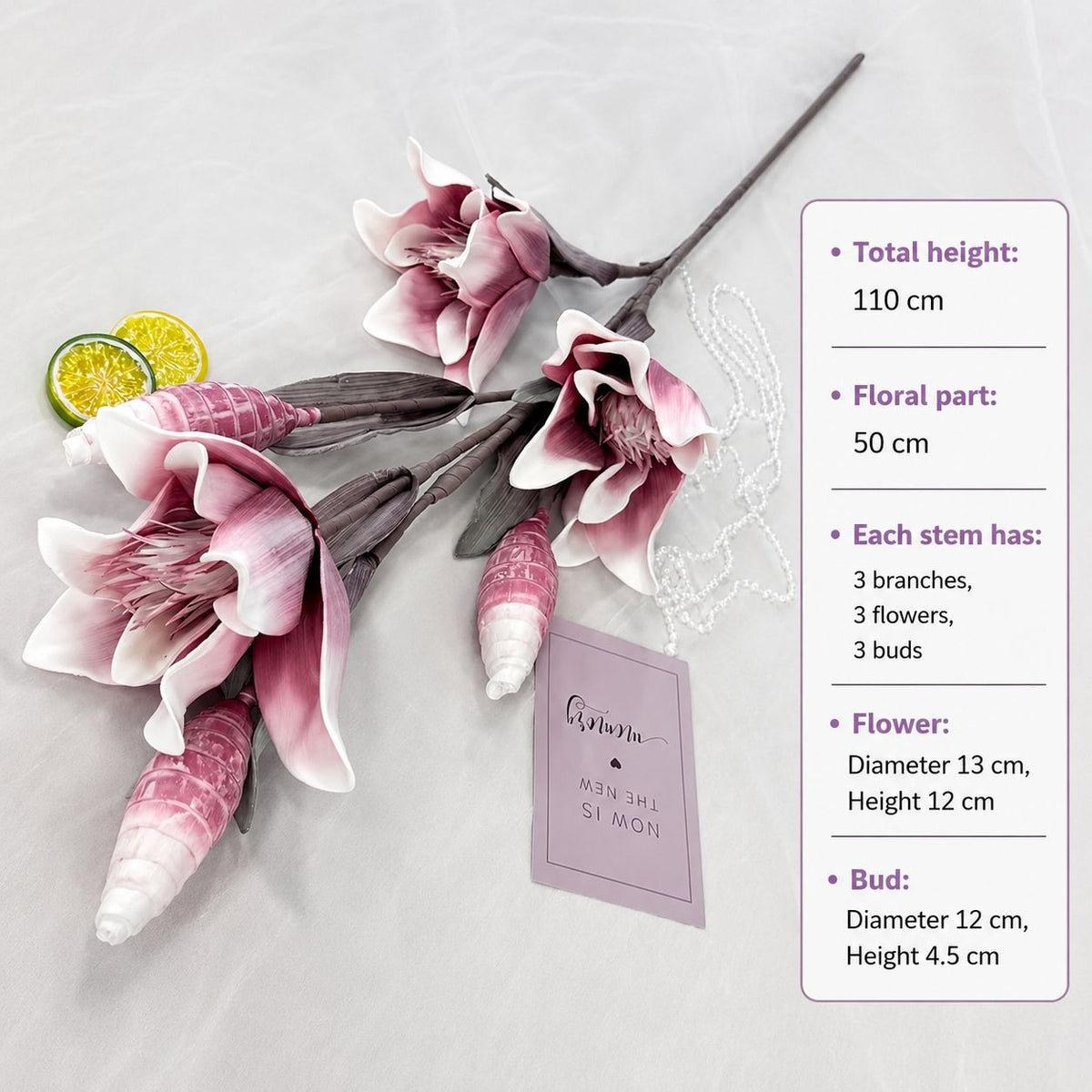 Artificial Magnolia Lily Stem - 110cm Tall | 3 Flowers + 3 Buds | Large Realistic Faux Flower for Vase Decor Afaux855-1