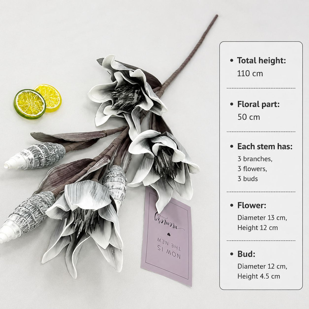 Artificial Magnolia Lily Stem - 110cm Tall | 3 Flowers + 3 Buds | Large Realistic Faux Flower for Vase Decor Afaux855-1