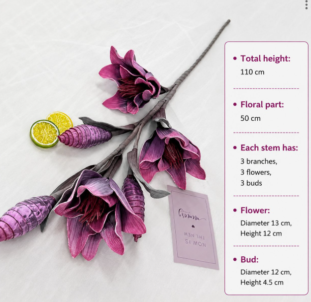 Artificial Magnolia Lily Stem - 110cm Tall | 3 Flowers + 3 Buds | Large Realistic Faux Flower for Vase Decor Afaux855-1