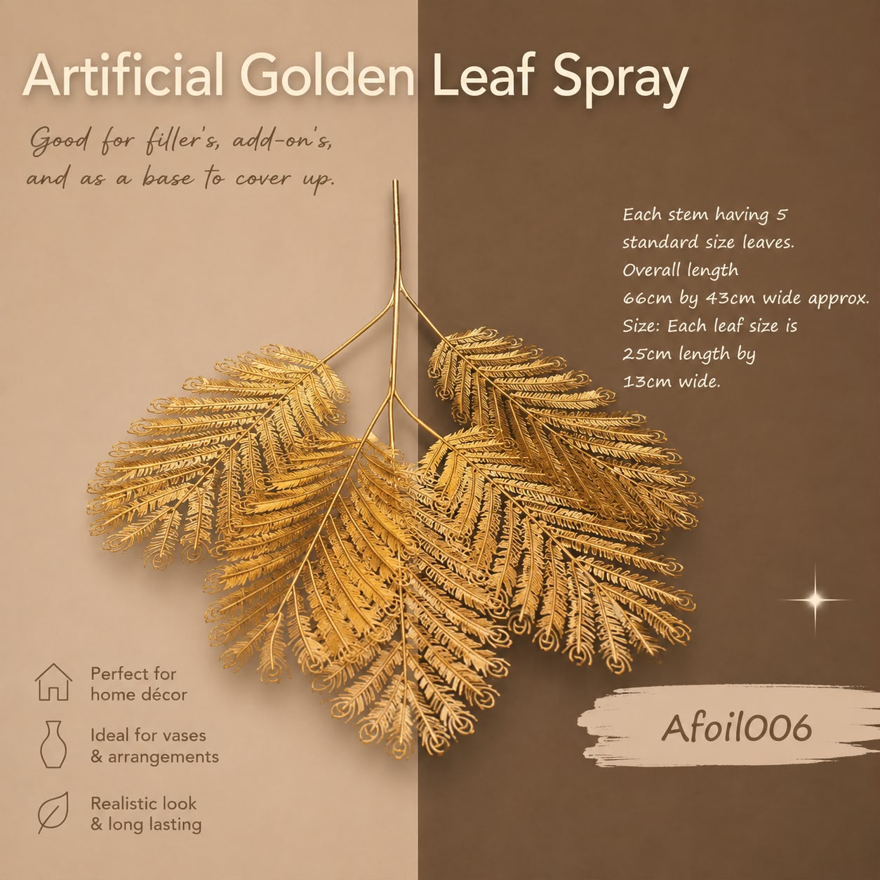 Artificial gold leaves and metallic floral decorations for home and event decor, featuring shiny gold foliage and elegant gold flowers.