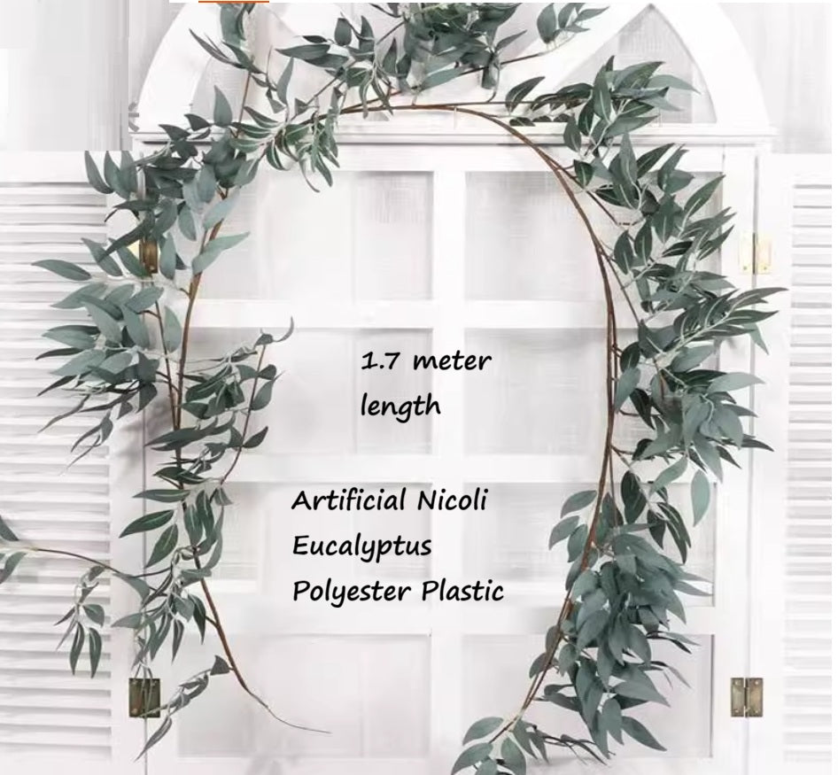 Artificial Nicoli Eucalyptus branch by Alton Flowers, made of polyester and plastic, featuring realistic green eucalyptus leaves.