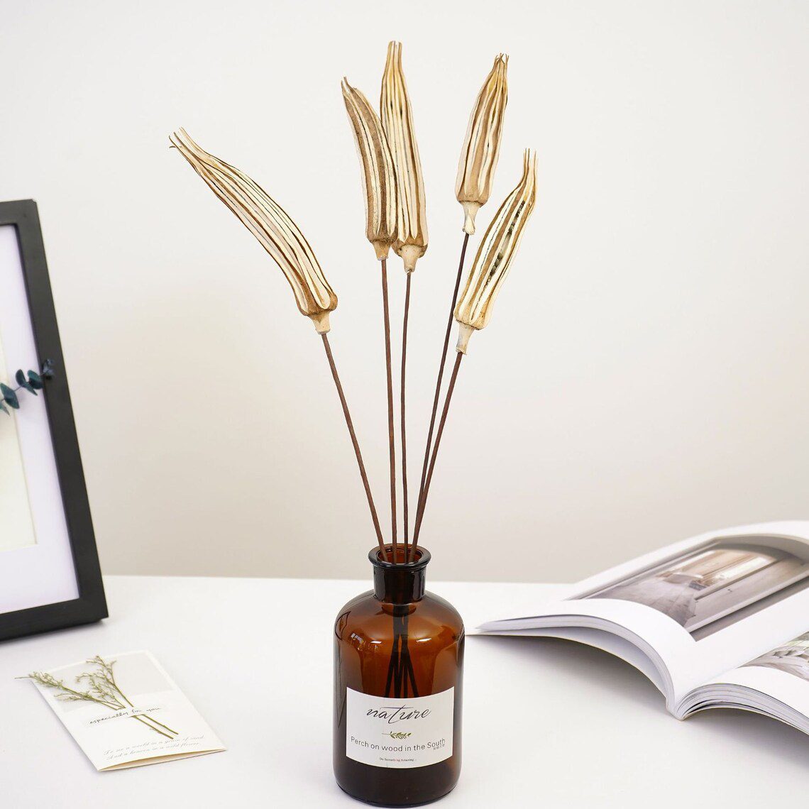 Dried Okra Pods (5 Sticks ) on Stems 60cm: Rustic Decor with a Natural Touch Afoil0130