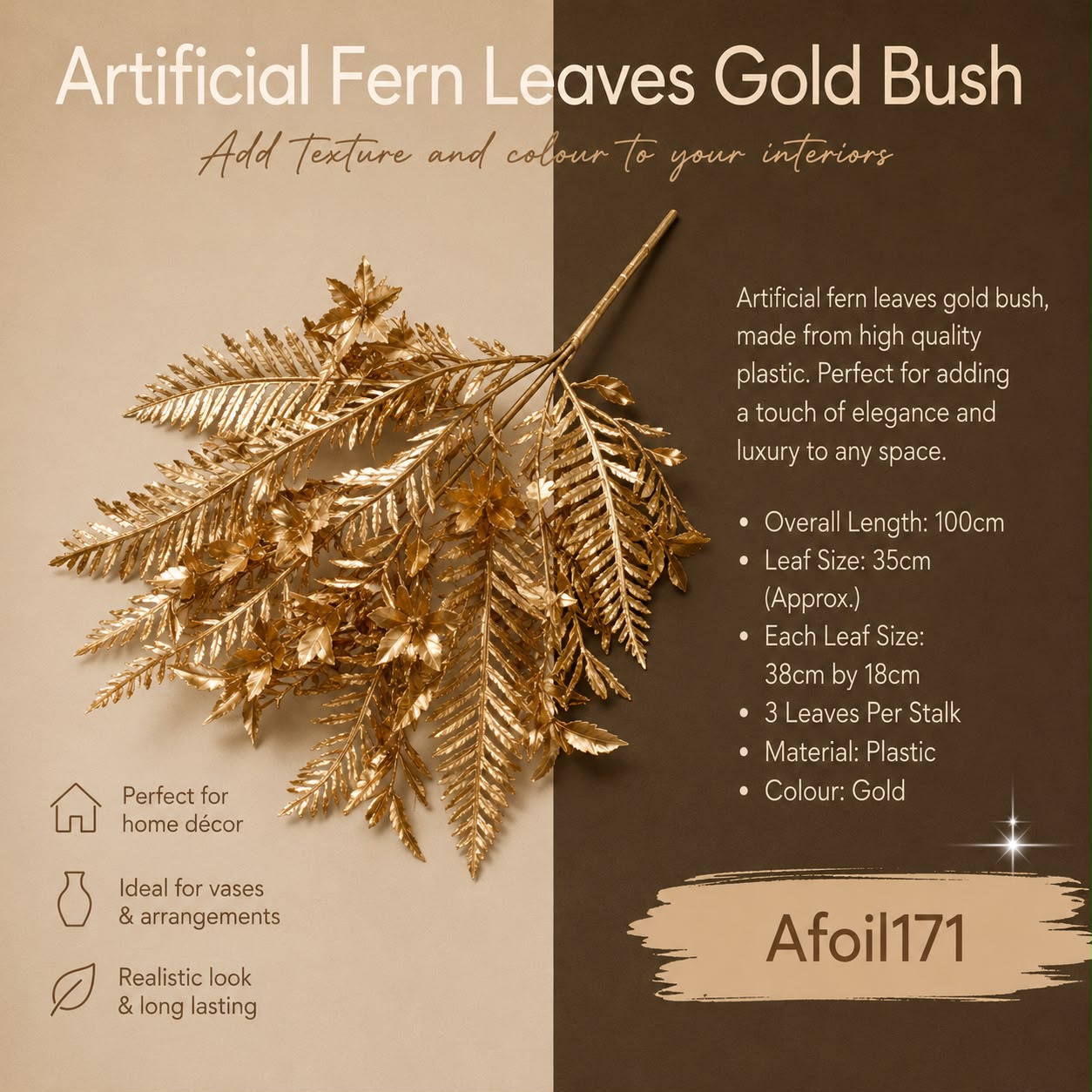 Artificial gold leaf bush from Alton Flowers, perfect for home decor and flower arrangements, showcasing vibrant gold foliage.