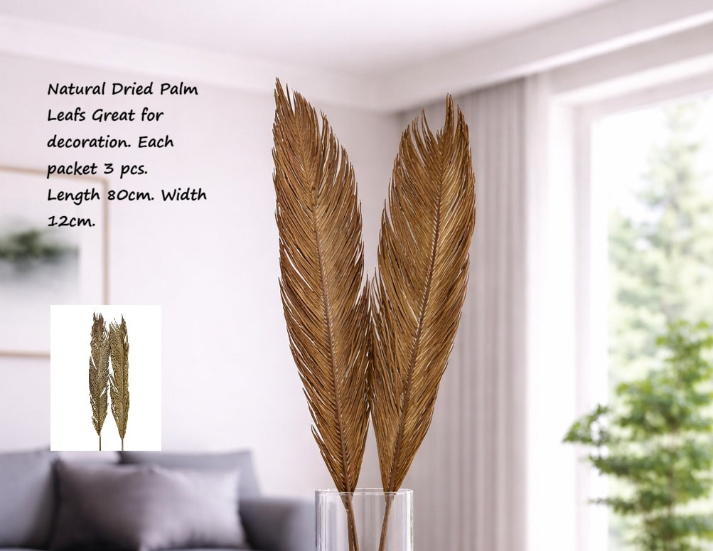 Three natural dried palm leaves from Alton Flowers N Gifts, showcasing textured, rustic foliage for decorative use.