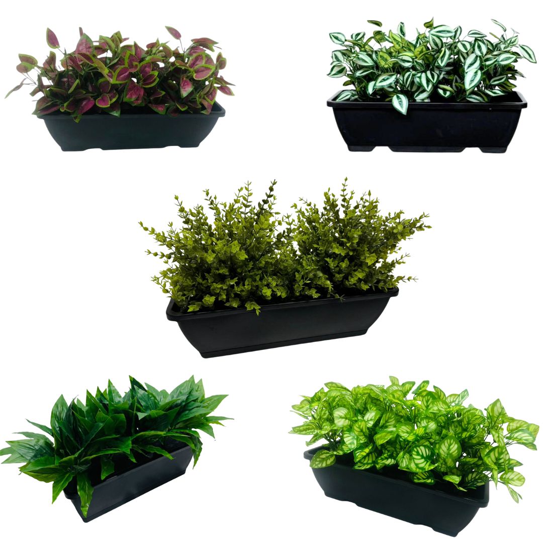 35cm Artificial Plant Mini Eucalyptus Bush Foliage in Plastic Rectangle Planter Pot Aplant1085