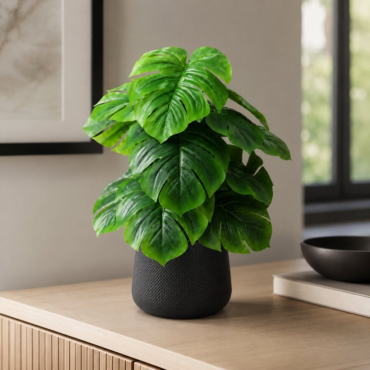 45cm Artificial Monstera Plant in Textured Pot – Compact Faux Greenery Decor