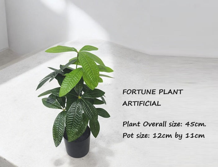 Artificial 45cm Fortune Plant with 12 lush green leaves, Scheffera money plant by Alton Flowers, featuring vibrant shrub foliage.