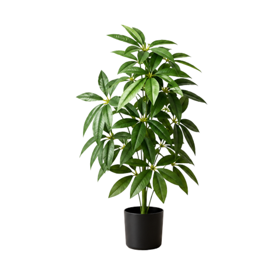 Artificial 65cm Schefflera money plant with 18 green leaves, lush shrub foliage by Alton Flowers.