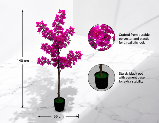 Artificial Bougainvillea plant with pot, 140cm tall, suitable for office, home, garden, or event decor by Alton Flowers.