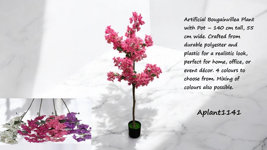 Artificial Bouganvillea plant in pot, 140cm tall, ideal for home, garden, or office decor by Alton Flowers.