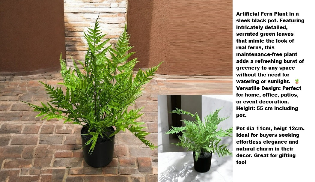 Artificial 55cm fern plant in plastic pot by Alton Flowers, ideal for home, office, balcony, or corridor decor.