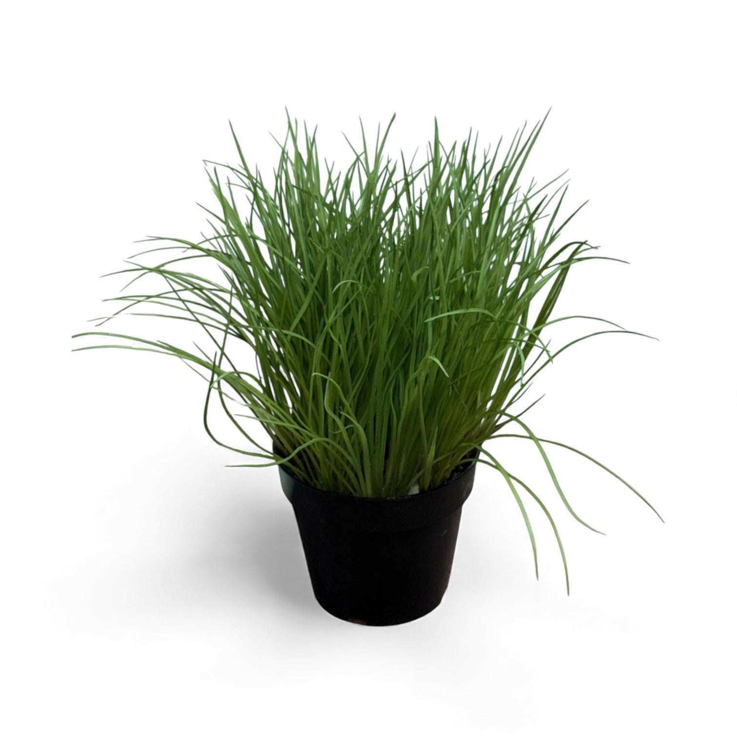 Artificial green chives grass plant in a black pot, suitable for kitchen or home decor.