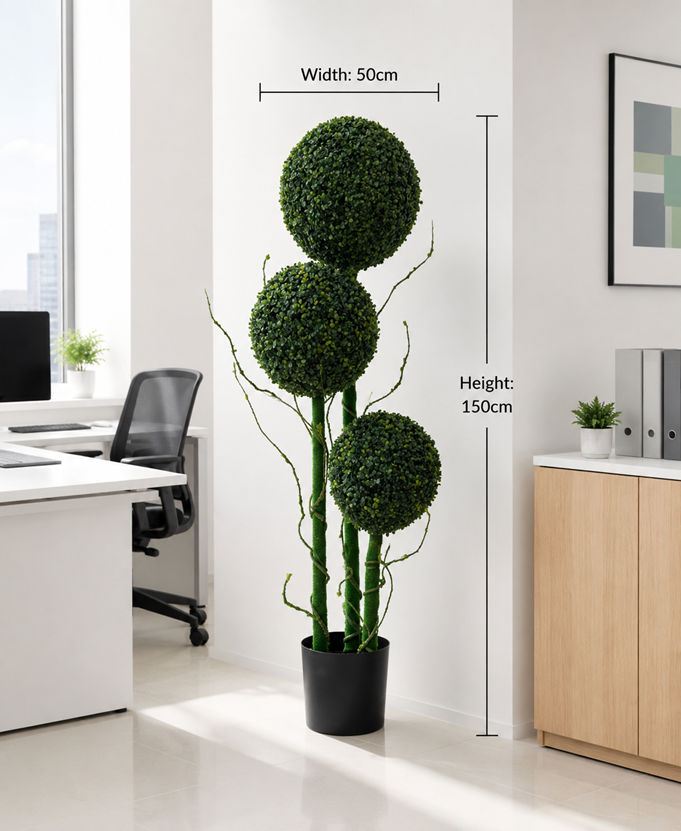 150cm Artificial Triple Ball Boxwood Topiary Tree | 50cm Wide Faux Topiary Plant with Black Pot | Indoor Outdoor Decor