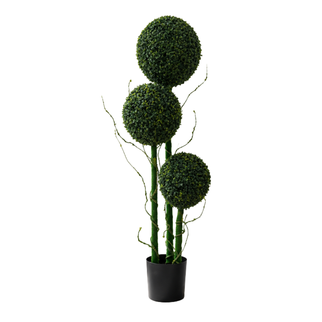 150cm Artificial Triple Ball Boxwood Topiary Tree | 50cm Wide Faux Topiary Plant with Black Pot | Indoor Outdoor Decor
