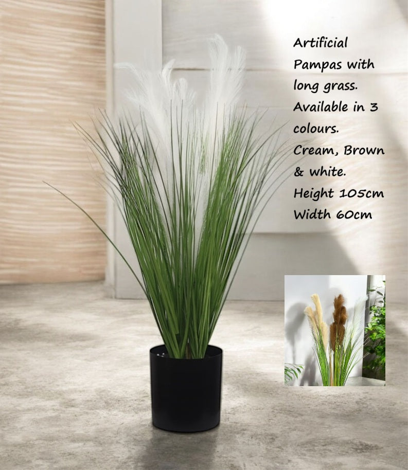 Artificial long grass plant in a pot, 80-105cm tall, from Alton Flowers N Gifts, showing lush green foliage and decorative pot.