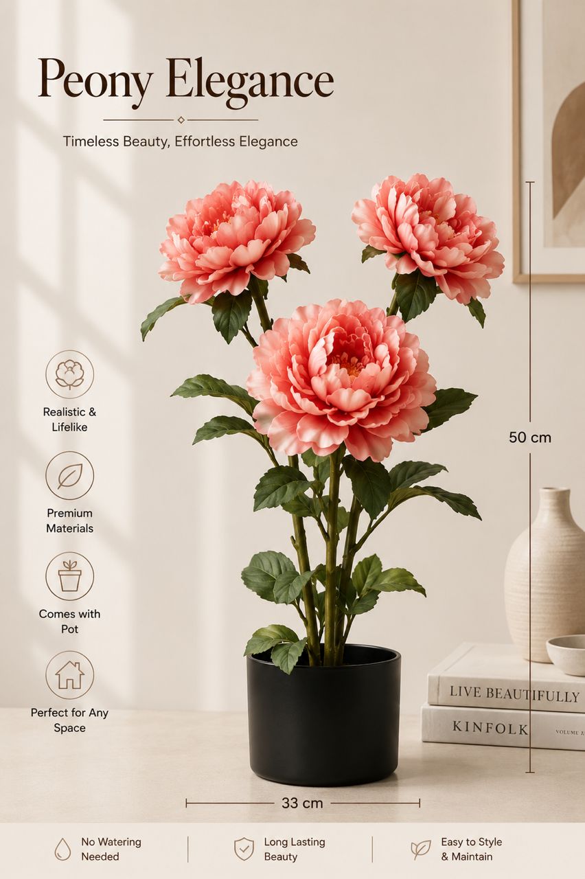 Artificial peony plant from Alton Flowers N Gifts, 50cm tall with vibrant pink blooms and green foliage.