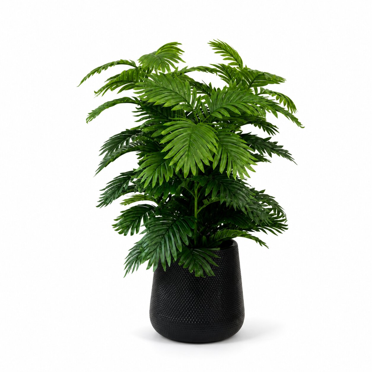 80cm artificial parlor palm tree featuring full dense green feather fronds in a textured black dimpled pot by Alton Flowers Singapore