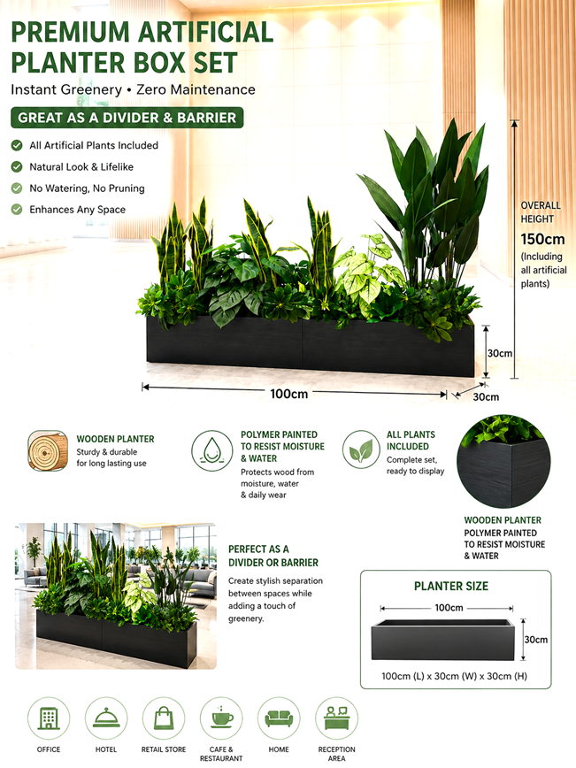 150cm Premium Artificial Plant Planter Box Set | Modern Office & Home Décor | All Plants Included | Waterproof Wood Planter