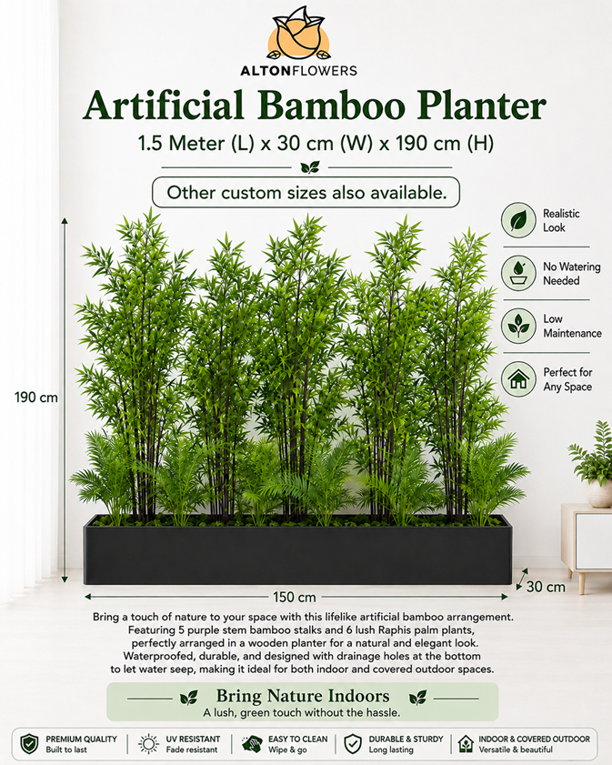Artificial bamboo and Raphis palm planter, 190cm tall, lush greenery divider for privacy, by Alton Flowers.