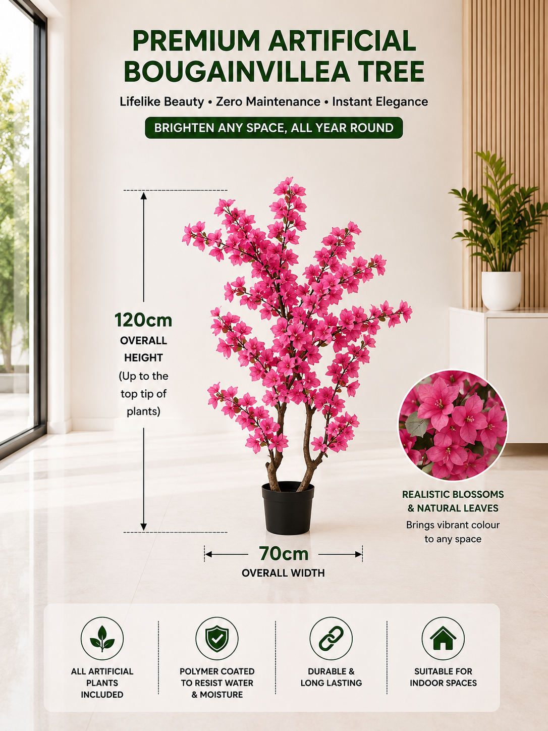 120cm Premium Artificial Bougainvillea Tree | Realistic Pink Blossom Tree | Indoor Office, Hotel & Home Décor | Ready to Display