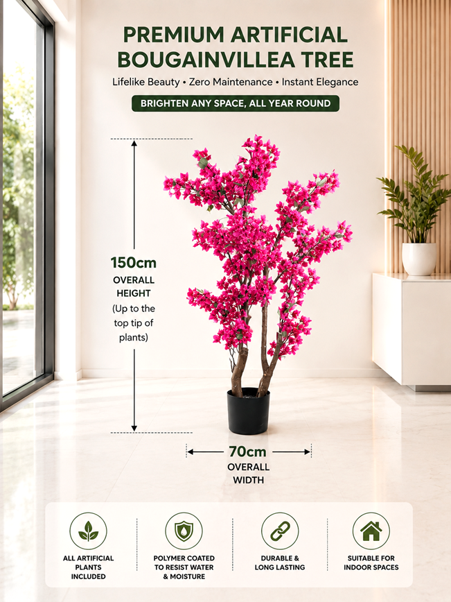 150cm Premium Artificial Bougainvillea Tree | Realistic Pink Blossom Tree | Indoor Office, Hotel & Home Décor | Ready to Display