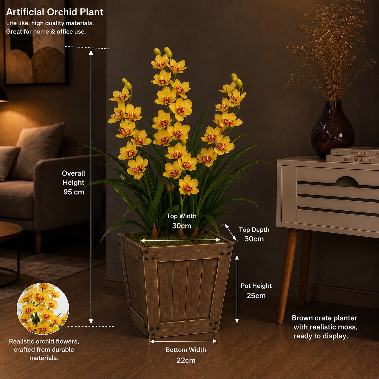 95cm Premium Artificial Rubber Cymbidium Orchid Plant with Wooden Planter