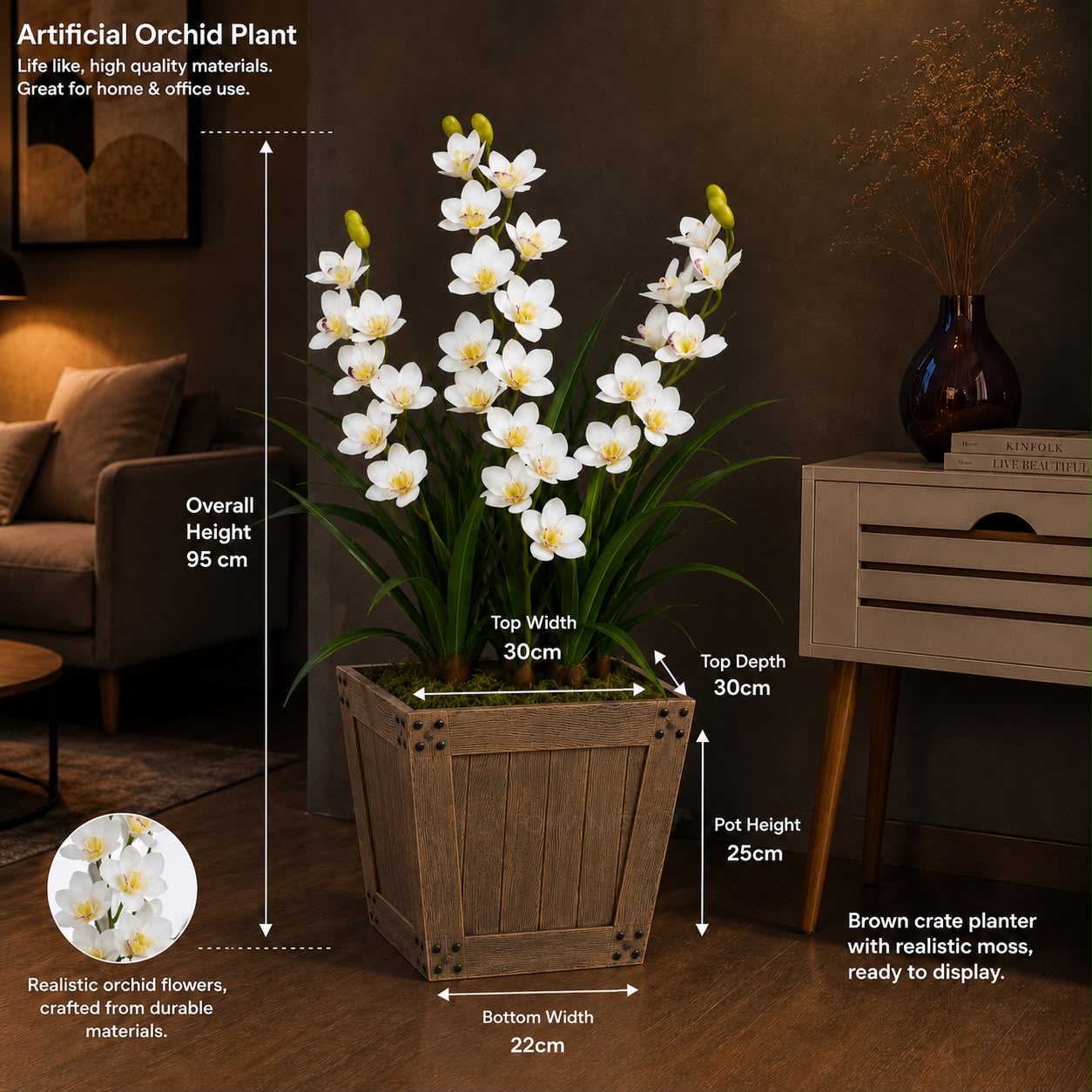 95cm Premium Artificial Rubber Cymbidium Orchid Plant with Wooden Planter