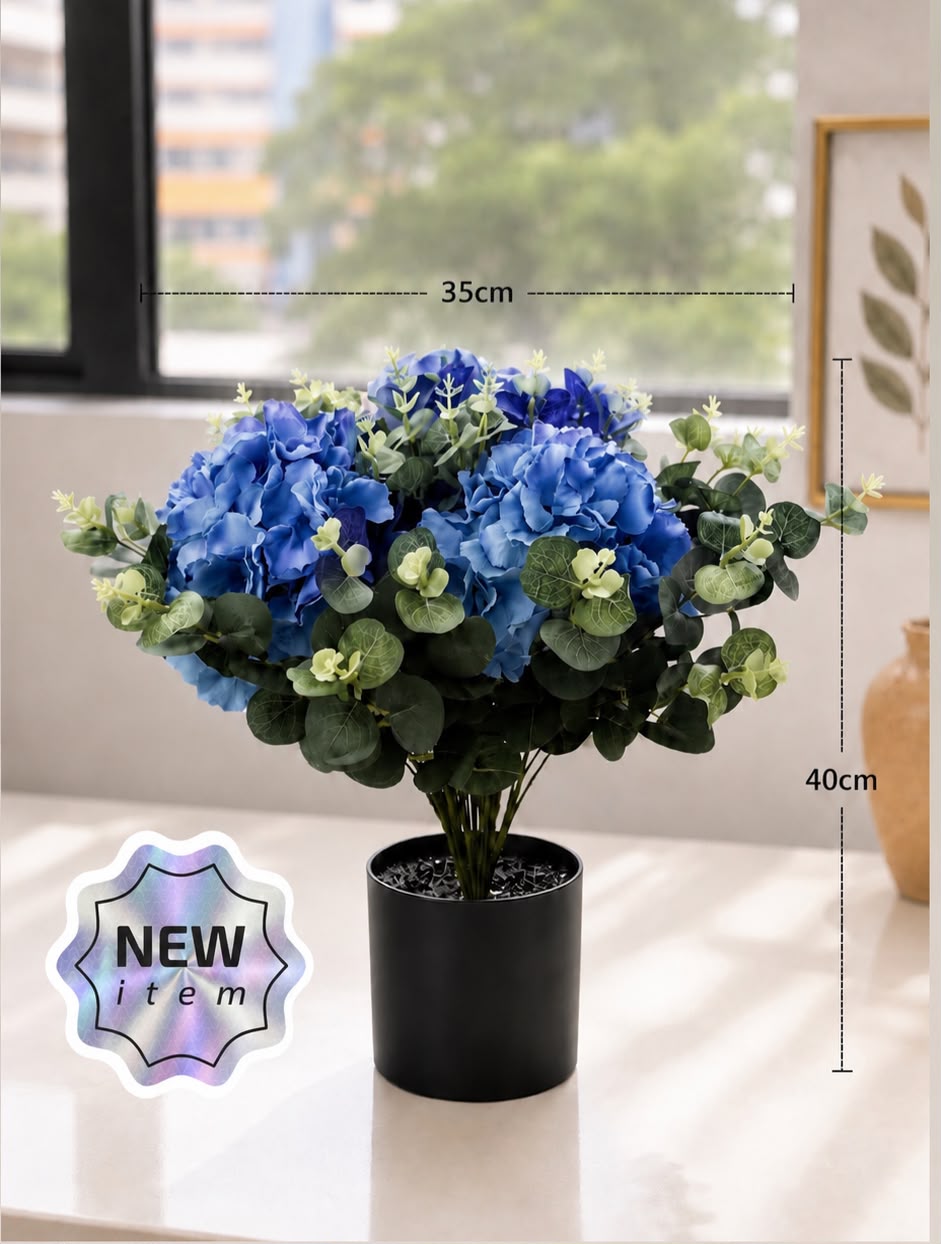 40cm Artificial Purple Hydrangea Arrangement with Eucalyptus Leaves  | Lifelike Tabletop Flower Décor