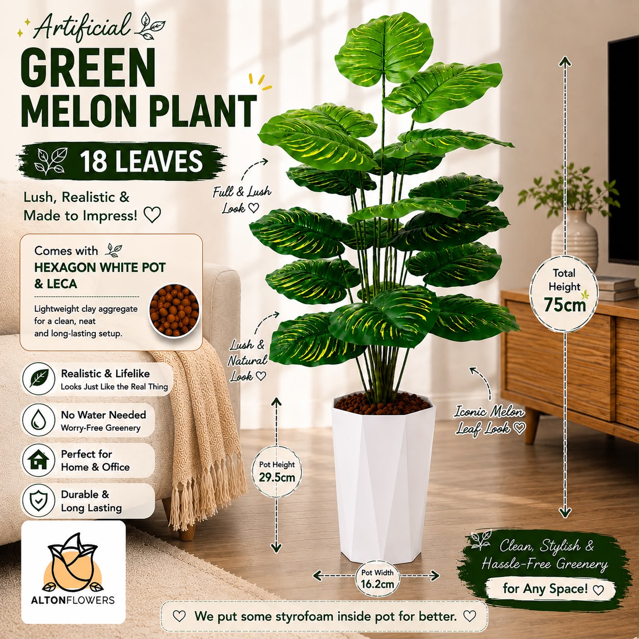 75cm Artificial Monstera Plant | 18 Realistic Leaves | Modern White Pot | UV Treated | Home & Office Décor