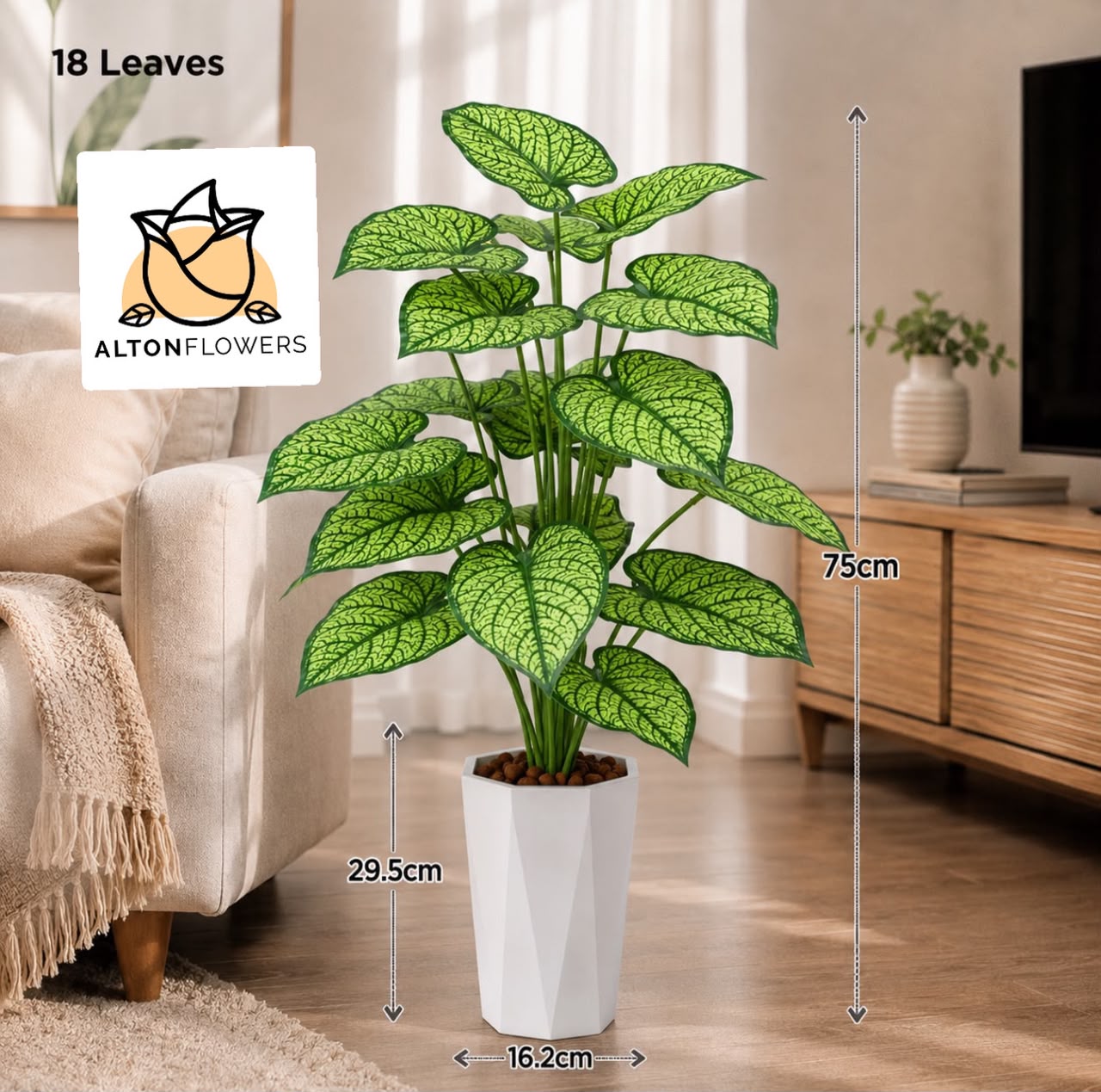 Artificial plant with 18 green leaves, 75cm tall, by Alton Flowers, showcasing realistic foliage for home or office decor.