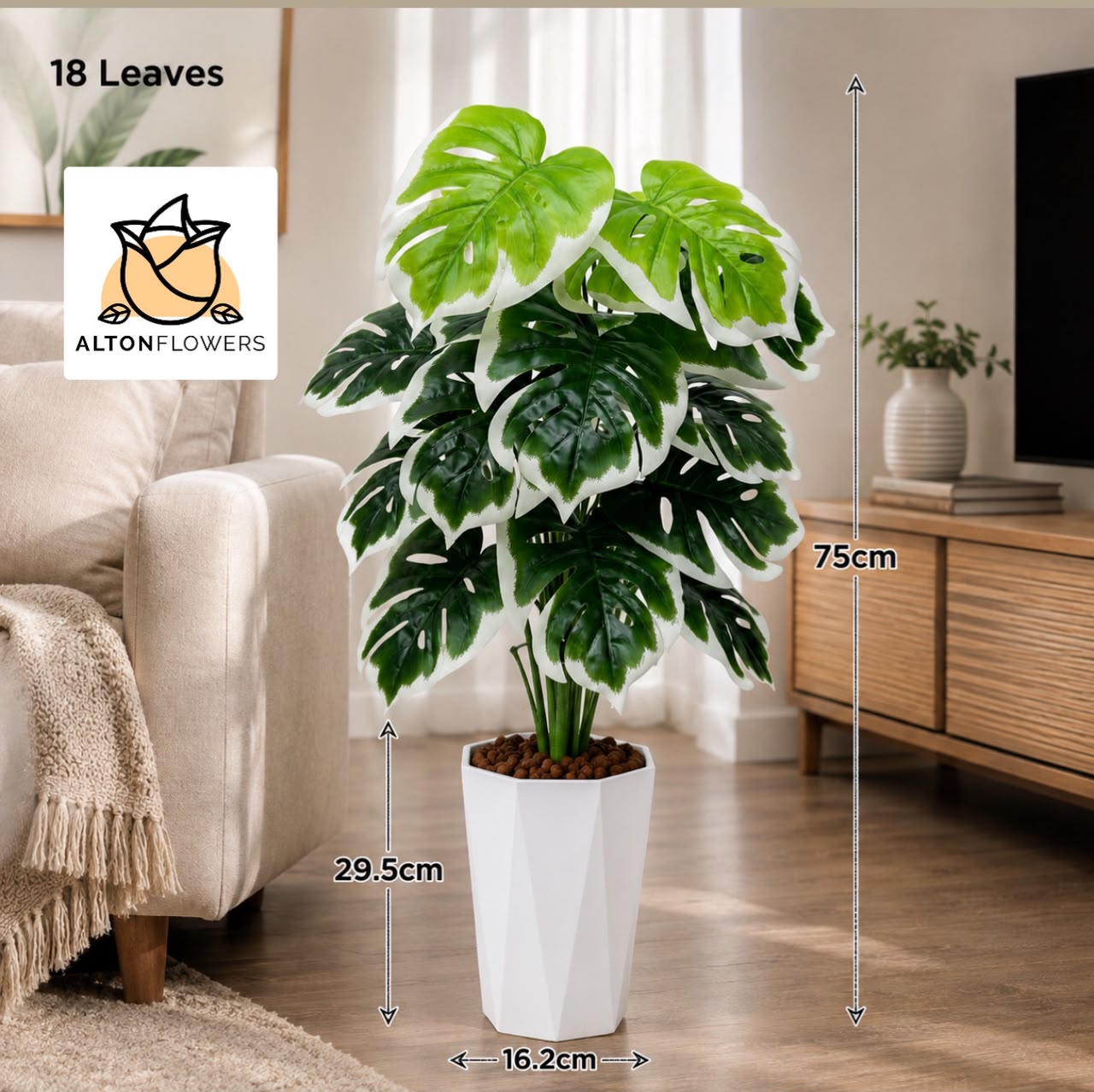 Artificial plant with 18 lush green leaves, 75cm tall, from Alton Flowers, featuring realistic foliage for home decor.