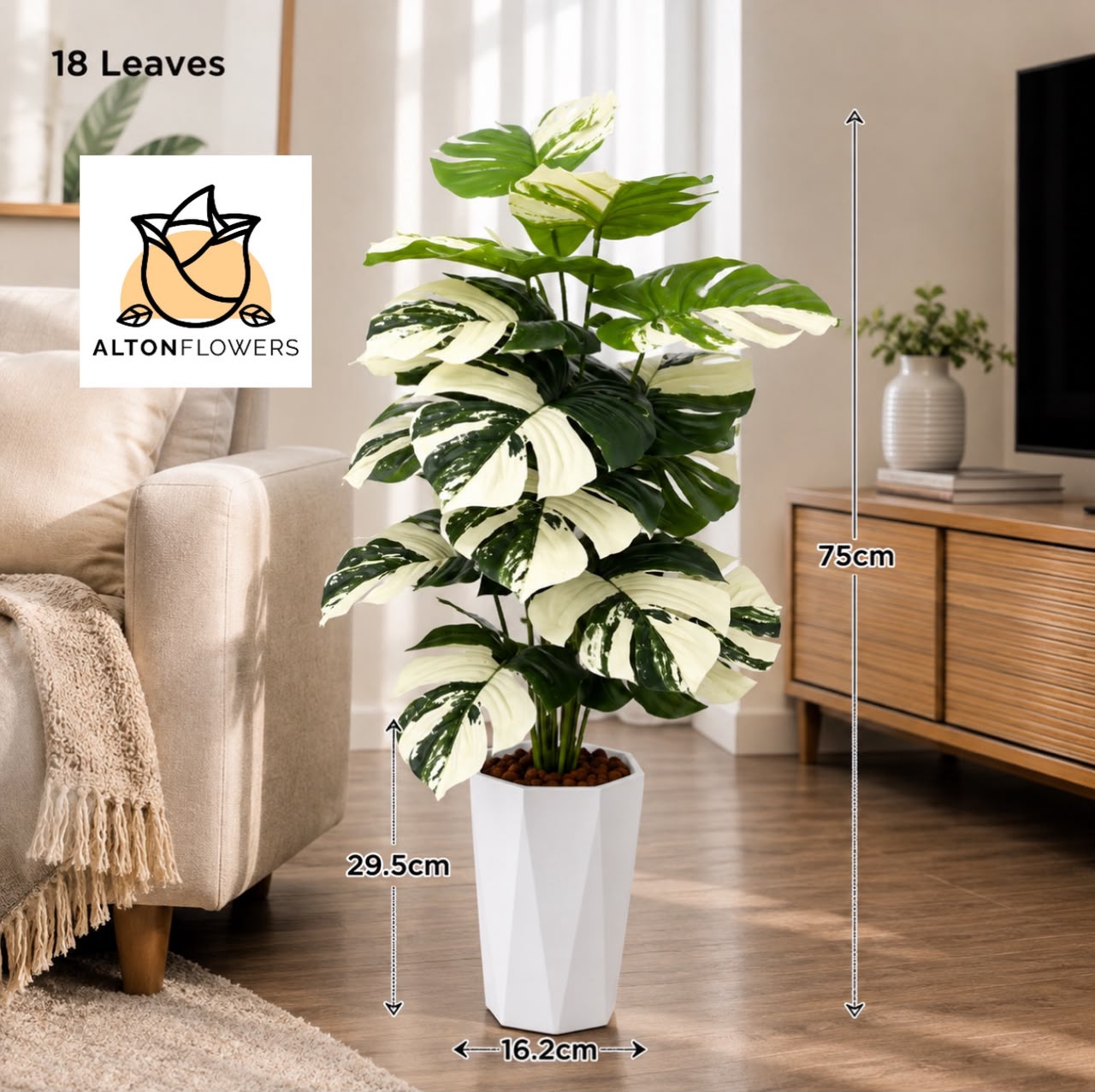 75cm Artificial Monstera Plant | 18 Realistic Leaves | Modern White Pot | UV Treated | Home & Office Décor