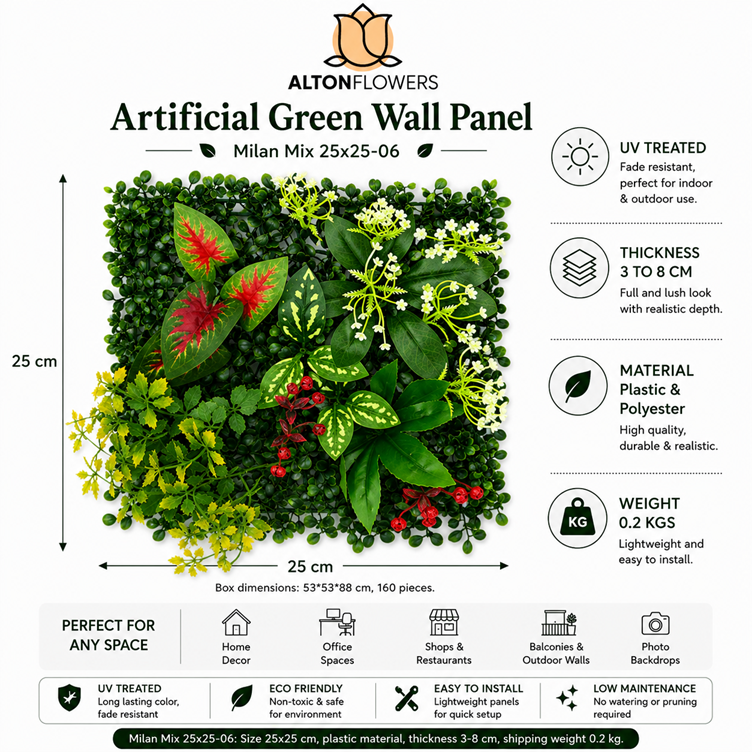 Artificial Green Wall Panel 25x25cm UV Treated | Milan Mix | Indoor & Outdoor Vertical Garden Aplant1442-C01