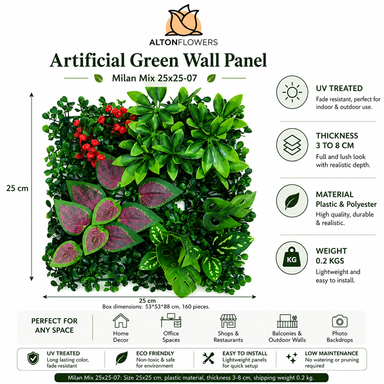 Artificial Green Wall Panel 25x25cm UV Treated | Milan Mix | Indoor & Outdoor Vertical Garden Aplant1442-C01