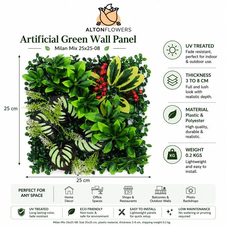 Artificial Green Wall Panel 25x25cm UV Treated | Milan Mix | Indoor & Outdoor Vertical Garden Aplant1442-C01