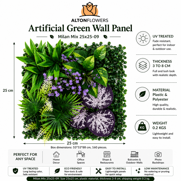Artificial Green Wall Panel 25x25cm UV Treated | Milan Mix | Indoor & Outdoor Vertical Garden Aplant1442-C01