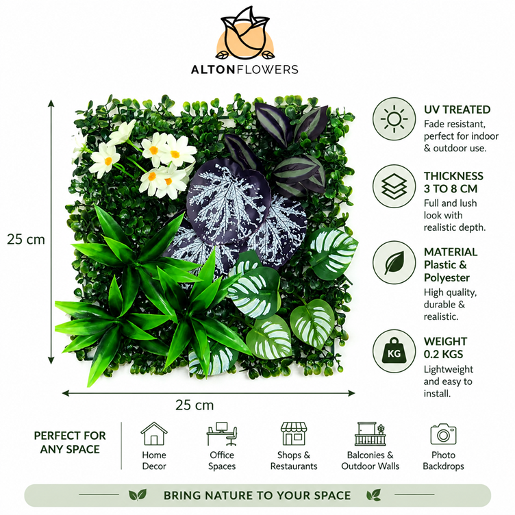 Artificial Green Wall Panel 25x25cm UV Treated | Milan Mix | Indoor & Outdoor Vertical Garden Aplant1442-C01