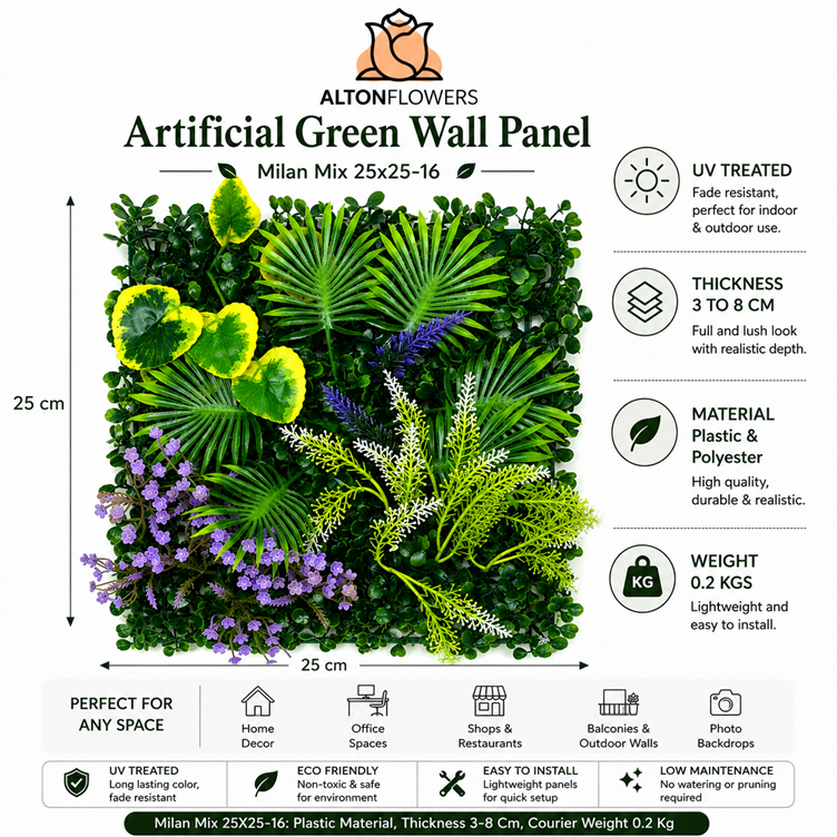 Artificial Green Wall Panel 25x25cm UV Treated | Milan Mix | Indoor & Outdoor Vertical Garden Aplant1442-C01