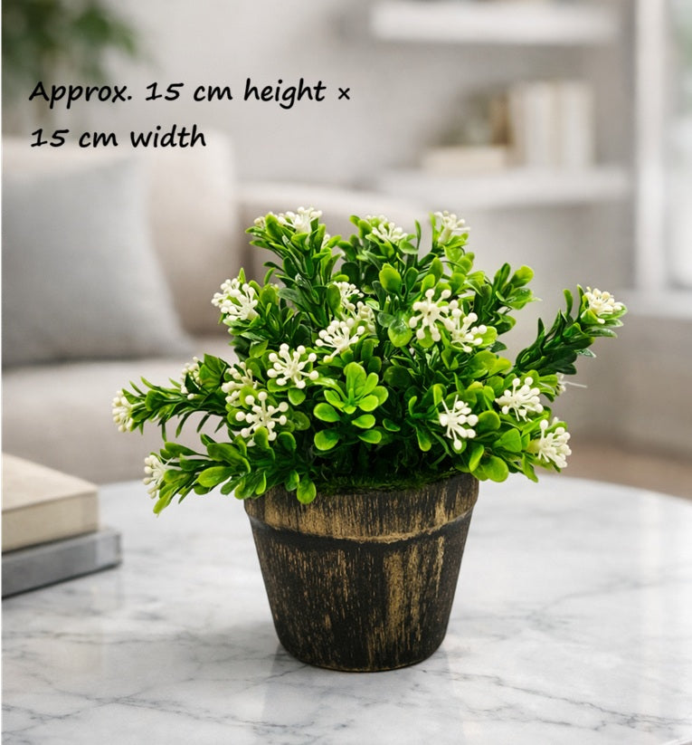 15cm Artificial Boxwood with flowers in a rustic pot Aplant168-2 - Alton Flowers