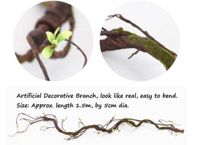 Artificial decorative branch, 1.5m long with 5cm diameter, featuring small green leaves and moss accents.
